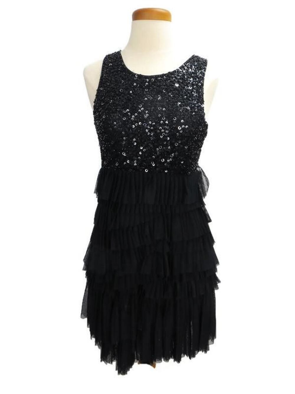 MM Couture Dress Size Large Black Sequins Ruffle Tiers Empire Waist Sleeveless